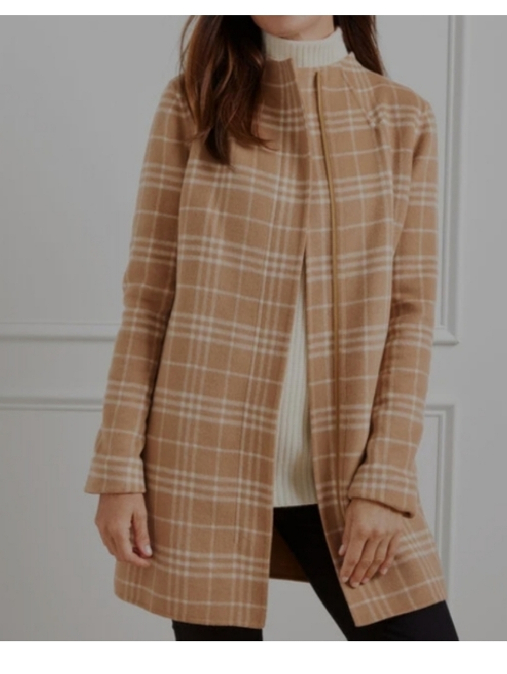 Talbots Windowpane Doublefaced Wool Jacket English Toffee Tan And Ivory